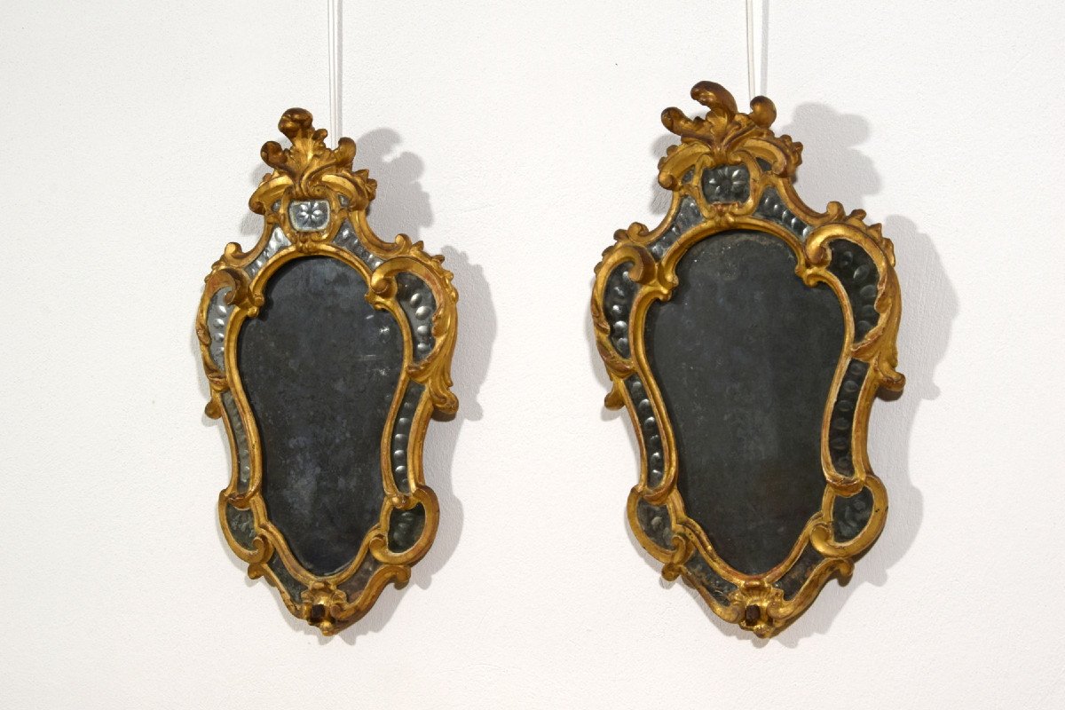 Pair Of Wall Light Mirror In Golden Wood, Turin, Louis XV Period, XVIIIth Century-photo-2