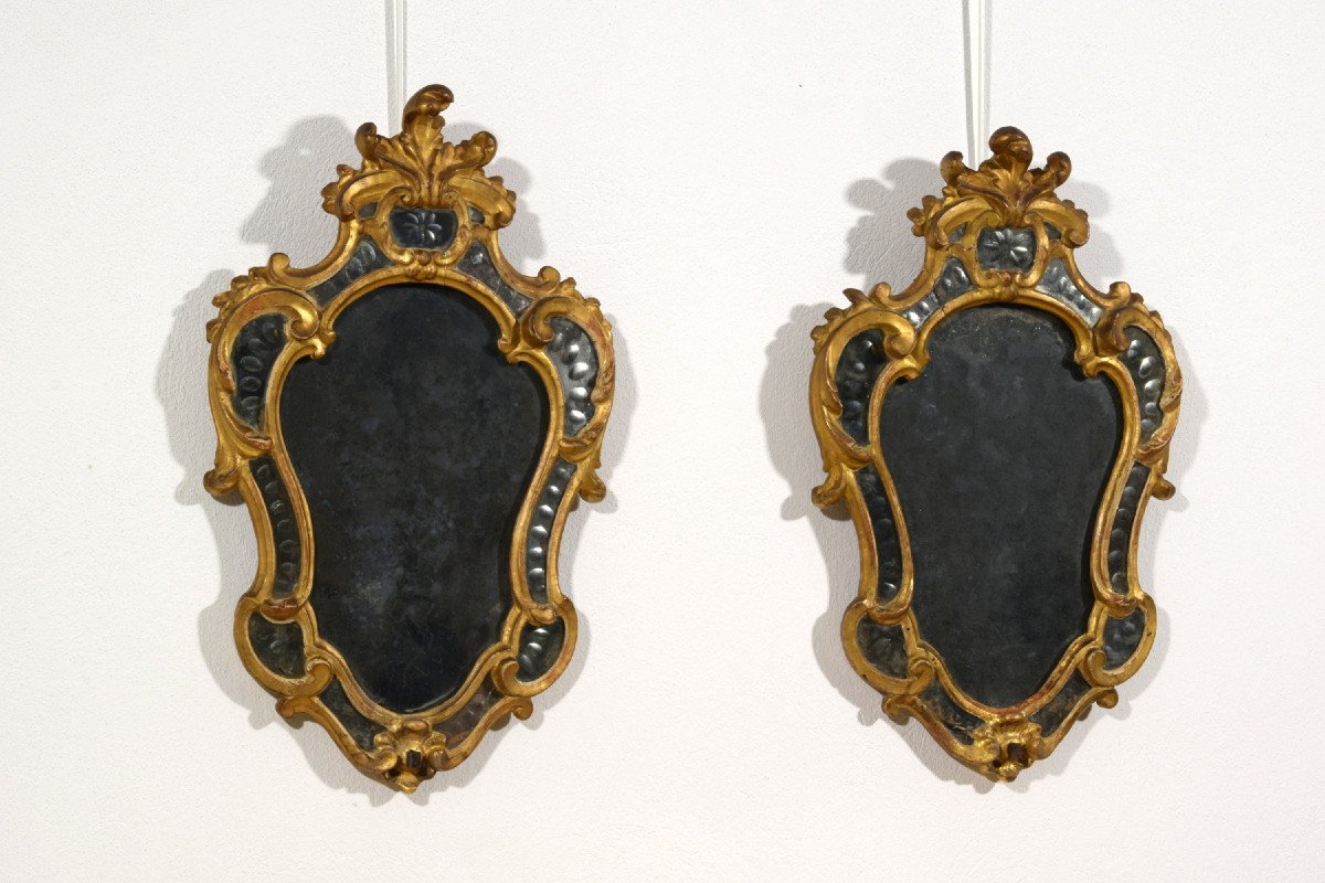 Pair Of Wall Light Mirror In Golden Wood, Turin, Louis XV Period, XVIIIth Century-photo-3