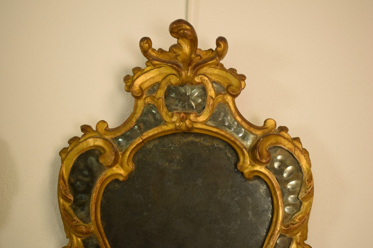 Paire De Applique à Miroir Port Lumiere En Bois Doré, Turin, Epoque Louis XV, XVIIIe Siècle-photo-1