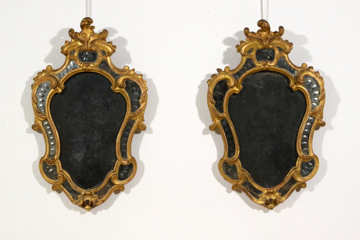 Pair Of Wall Light Mirror In Golden Wood, Turin, Louis XV Period, XVIIIth Century-photo-2