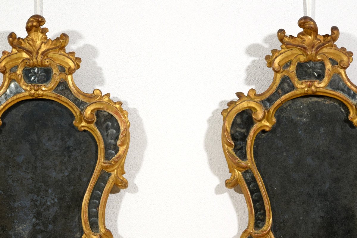 Pair Of Wall Light Mirror In Golden Wood, Turin, Louis XV Period, XVIIIth Century-photo-3