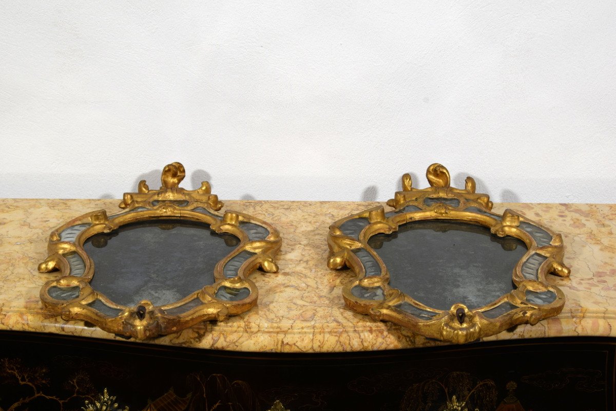 Pair Of Wall Light Mirror In Golden Wood, Turin, Louis XV Period, XVIIIth Century-photo-4