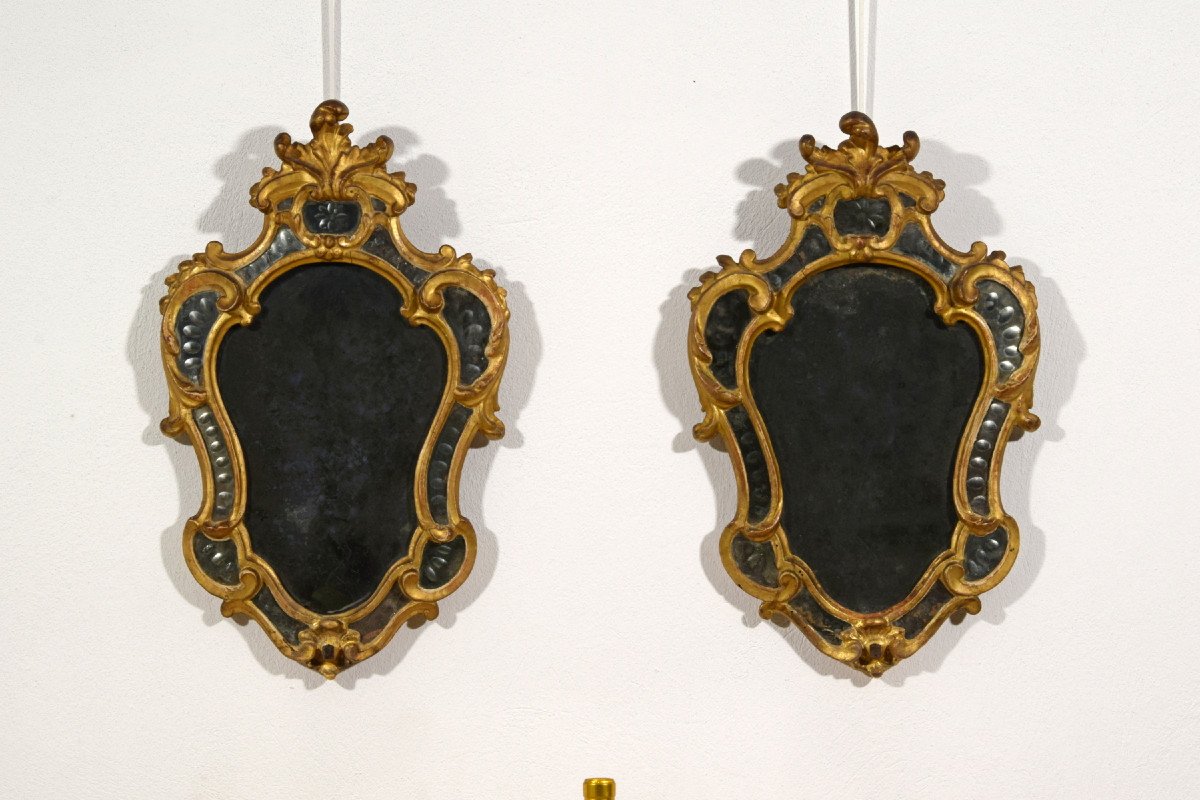 Pair Of Wall Light Mirror In Golden Wood, Turin, Louis XV Period, XVIIIth Century-photo-8