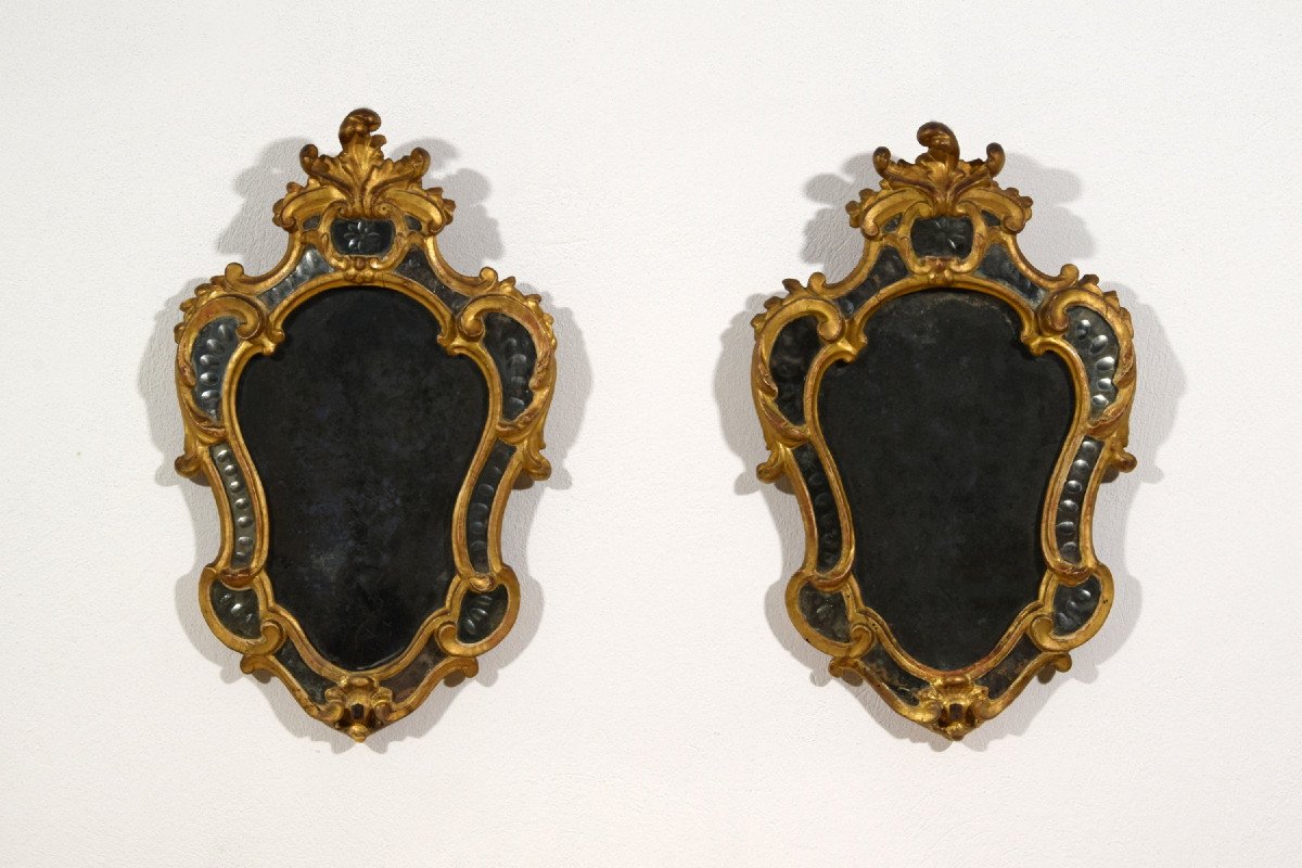 Pair Of Wall Light Mirror In Golden Wood, Turin, Louis XV Period, XVIIIth Century