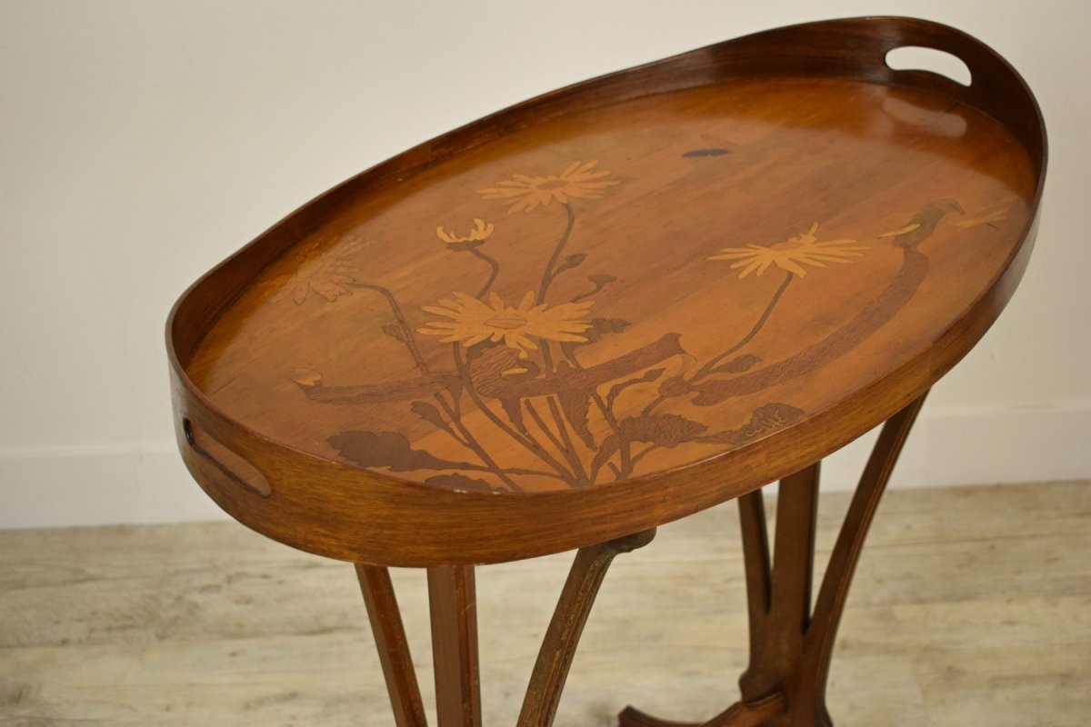 Elegant coffee table in finely inlaid wood, signed Emile Gallé (1846-1904), France-photo-4