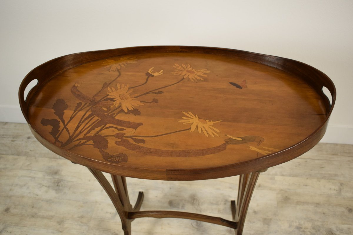 Elegant coffee table in finely inlaid wood, signed Emile Gallé (1846-1904), France-photo-5