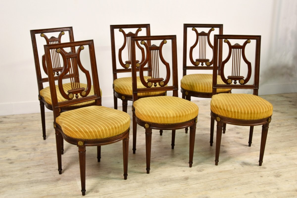 19th Century, French Louis XVI Style Six Wood Chairs And Two Wood Armchairs-photo-3