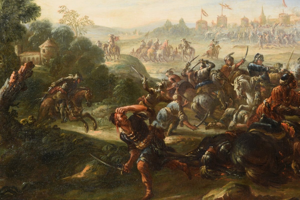 17th Century, Italian Oil On Canvas Painting With Battle Between Christian And Turkish Cavalry-photo-2