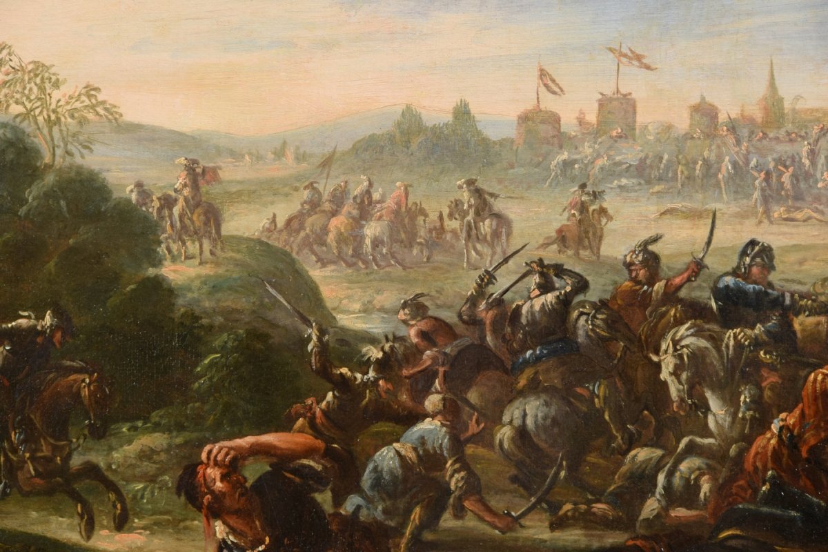 17th Century, Italian Oil On Canvas Painting With Battle Between Christian And Turkish Cavalry-photo-8