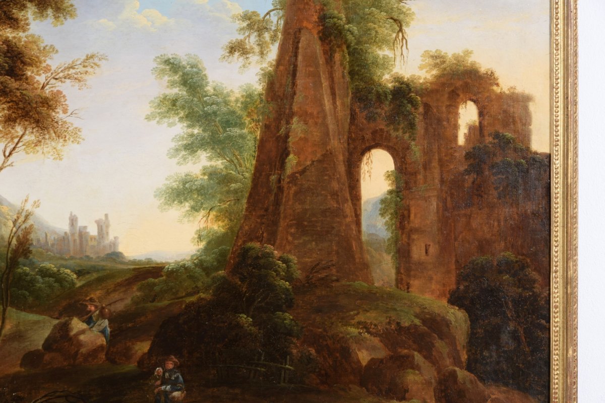 18th Century, Italian Oil On Canvas Painting Depicts A landscape With Ruins-photo-4