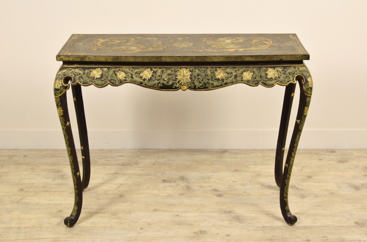 19th Century, Oriental Lacquered And Gilt Wood Console Table-photo-3