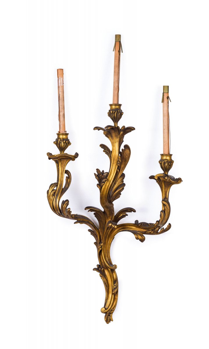 Four Large Three-light Wall Lamps In Gilded Bronze, 19th Century, France, Louis XV Style-photo-3