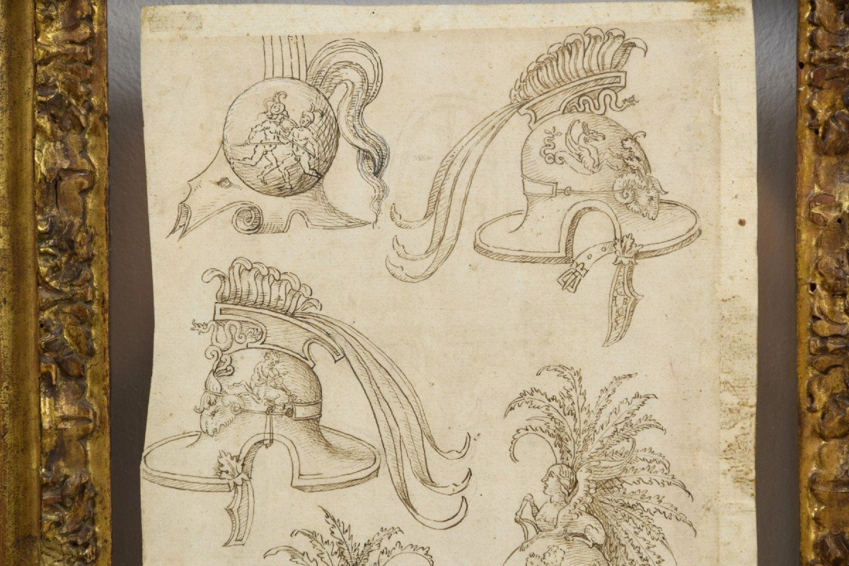 17th Century, Pair Of Ink Drawings On Paper With Studies For Grotesques, Friezes And Helmets-photo-3