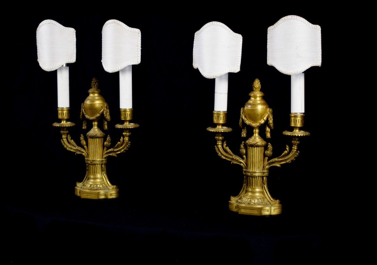 19th Century, Pair Of French Two Lights Gilt Bronze Candlesticks-photo-3