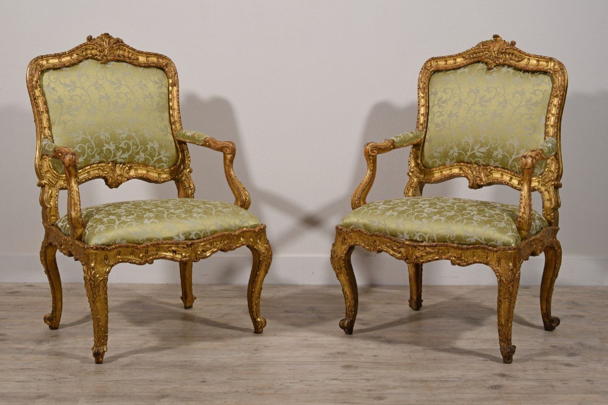 18th Century Pair Of Italian Louis XV Carved Giltwood Armchairs-photo-3