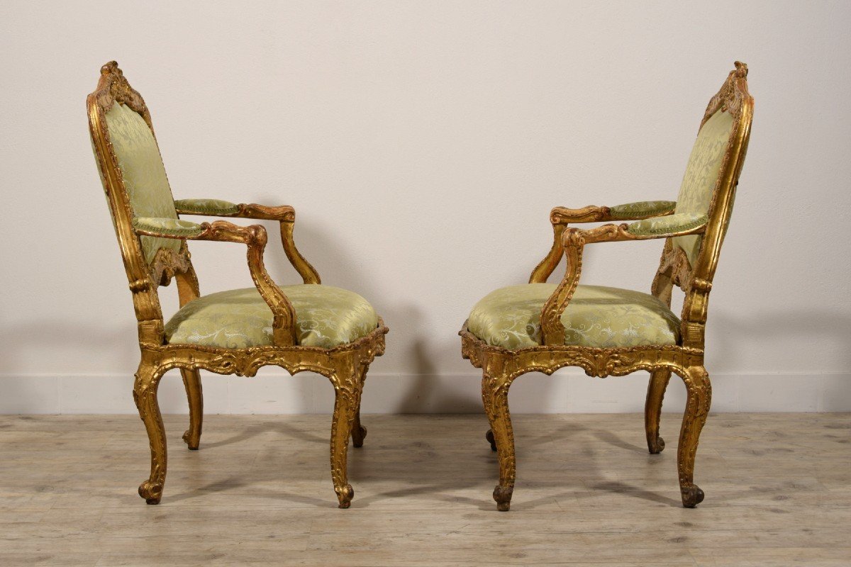 18th Century Pair Of Italian Louis XV Carved Giltwood Armchairs-photo-6