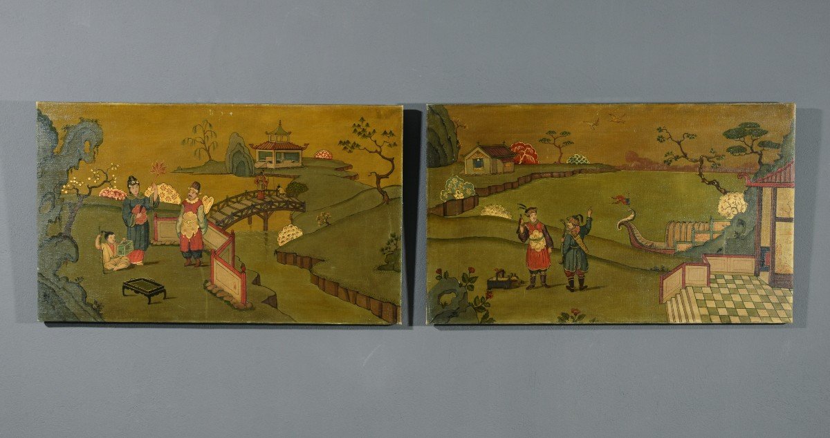 XX Century, Pair Of Italian Oil Paintings With Chinoiserie Landscapes 