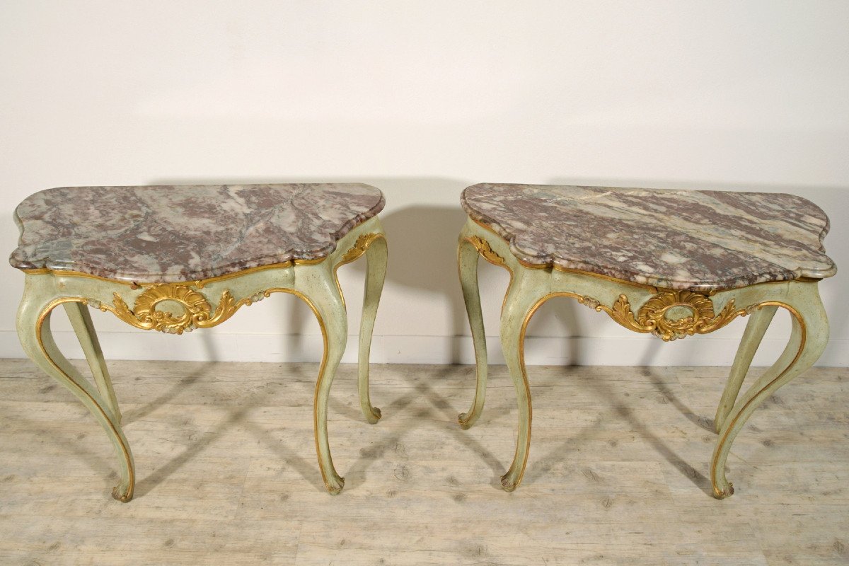 19th Century, Pair Of Italian Louis XV Style Lacquered Woos Consoles-photo-3