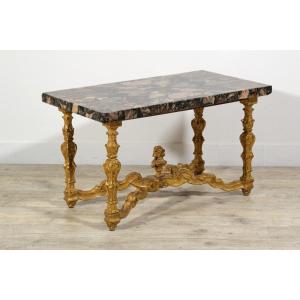 Italian Coffee Table With 18th Century Marble Top And Carved Giltwood Base