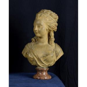 Buste En Terre Cuite Représentant Noble Femme, Base En Marbre, France XIXe Siècle