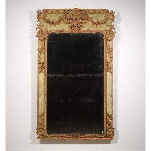 Grand Miroir Trumeau En Bois Et Pastille, Laqué Et Doré, Italie, XVIIIe Siècle