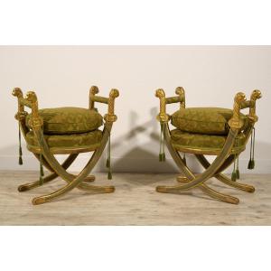 Paire De Tabourets En Bois Sculpté, Laqué Et Doré, Style Néoclassique,  Début XX Siècl