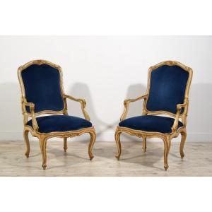 18th Century, Pair Of Rococo Italian Lacquered And Gilt Wood Armchairs