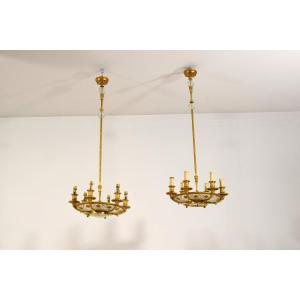 Late 19th Century, Pair Of French Gilt Bronze Six Lights Chandeliers