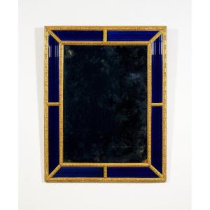 18th Century, Sweden Mirror With Carved And Gilded Wood Frame And Cobalt Blue Glass