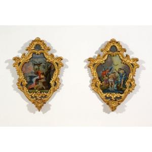 Paire De Peintures Sur Verre Dans Des Cadres En Bois Sculpté Et Doré, Piémont, XVIIIe Siècle