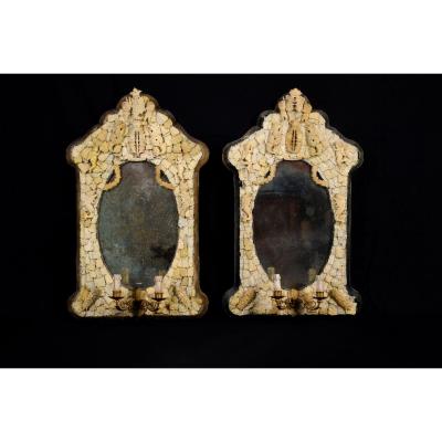 Pair Of Important And Rare Carved Bone Mirrors, France, Dieppe Manufacture, Mid 19th Century