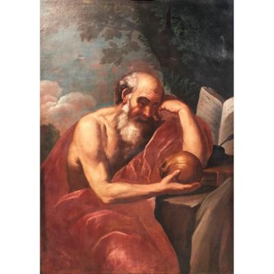 17th Century, Italian Oil On Canvas  With Saint Jerome In Meditation