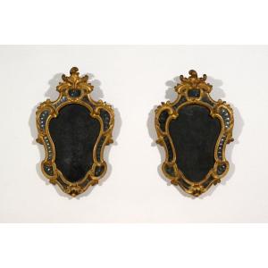 Pair Of Wall Light Mirror In Golden Wood, Turin, Louis XV Period, XVIIIth Century