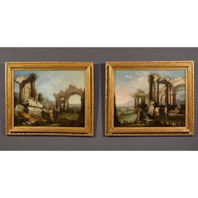 Gaetano Ottani, Couple De Peintures Représentant Paysages Avec Des Ruines, Italie XVIIIe siecle