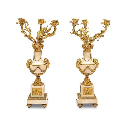 19th Century, Pair Of French Gilt Bronze And Marble Candelabra