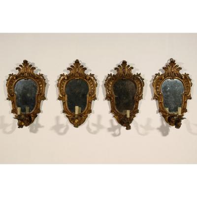 19th Century, Four Italian Carved Giltwood Louis XV Style Sconces