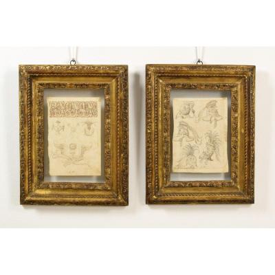 17th Century, Pair Of Ink Drawings On Paper With Studies For Grotesques, Friezes And Helmets