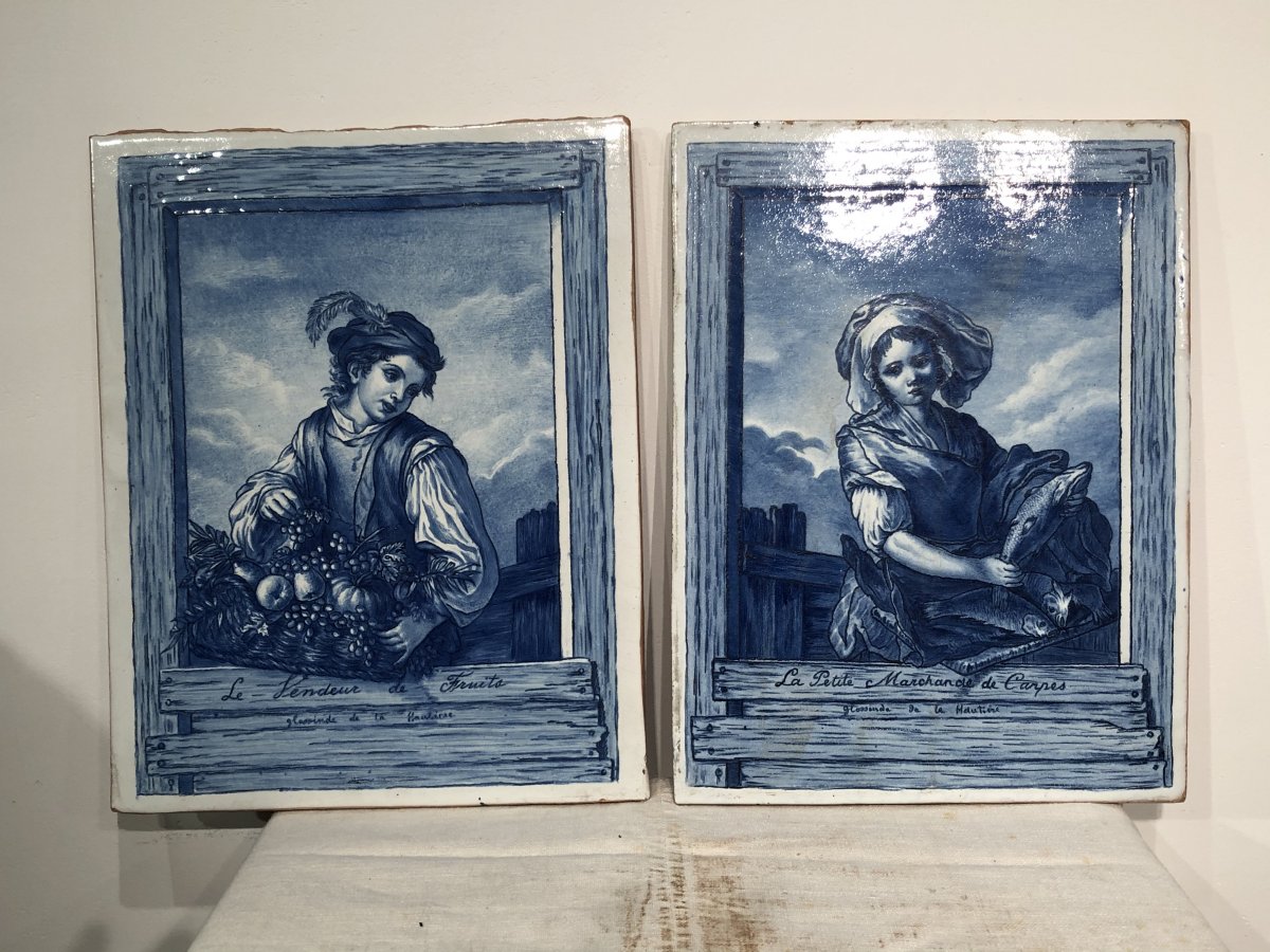 Pair Of Portraits On Glazed Ceramic Tiles