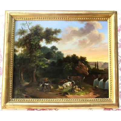Table Oil On Tole From The 18th - Pastoral Scene
