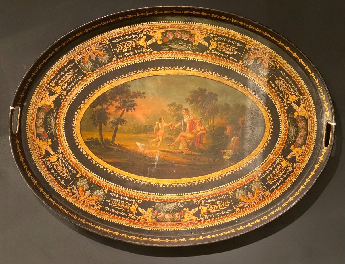 Important Tray In Painted Sheet Decor Of A Scene In The Antique Early XIXth 1st Empire Period.-photo-2