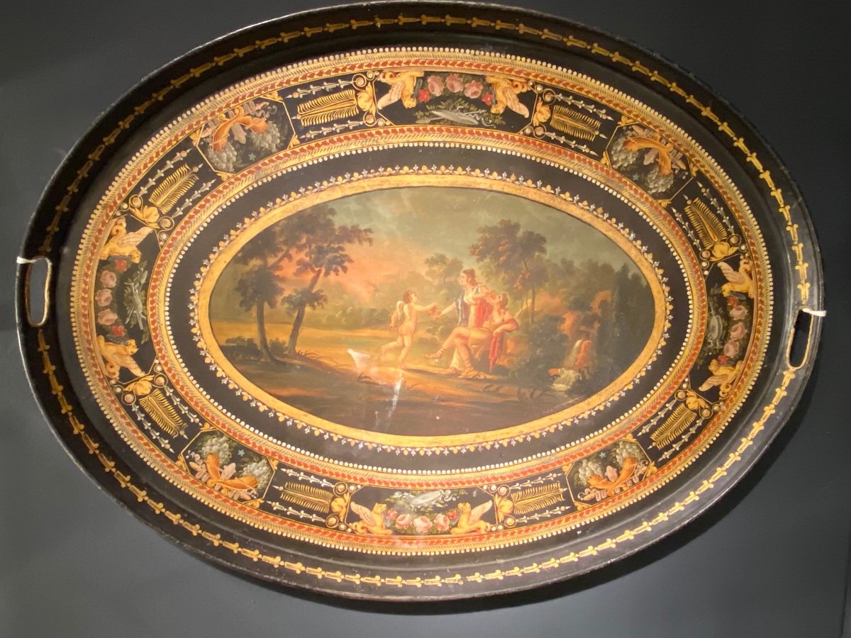 Important Tray In Painted Sheet Decor Of A Scene In The Antique Early XIXth 1st Empire Period.-photo-3