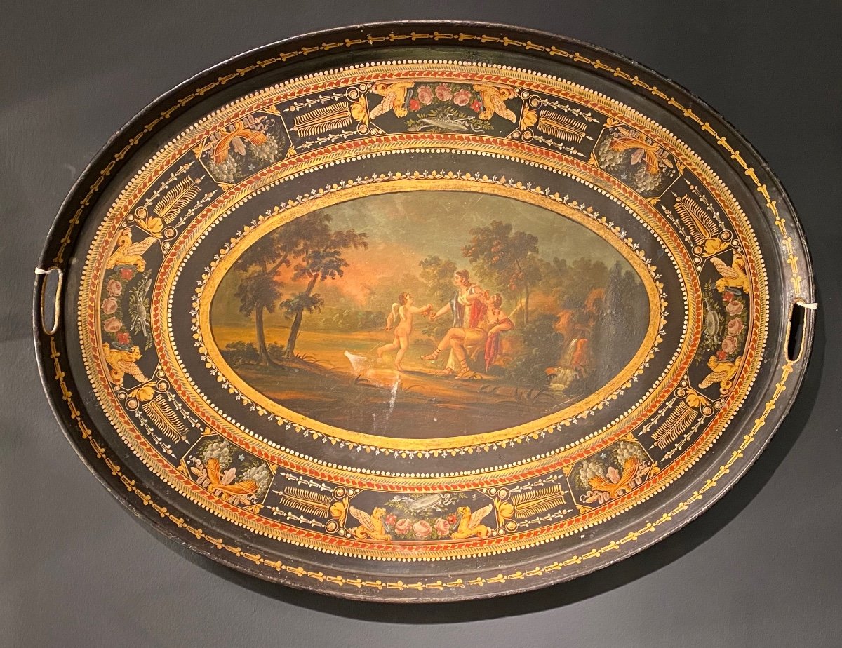 Important Tray In Painted Sheet Decor Of A Scene In The Antique Early XIXth 1st Empire Period.