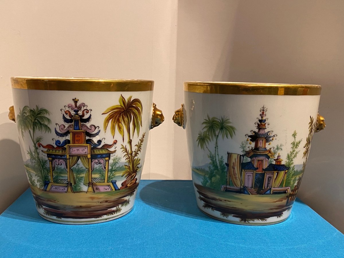 Rare Pair Of Cache Pot Signed In Porcelain Chinese Decor XIXth Charles X Period.-photo-2