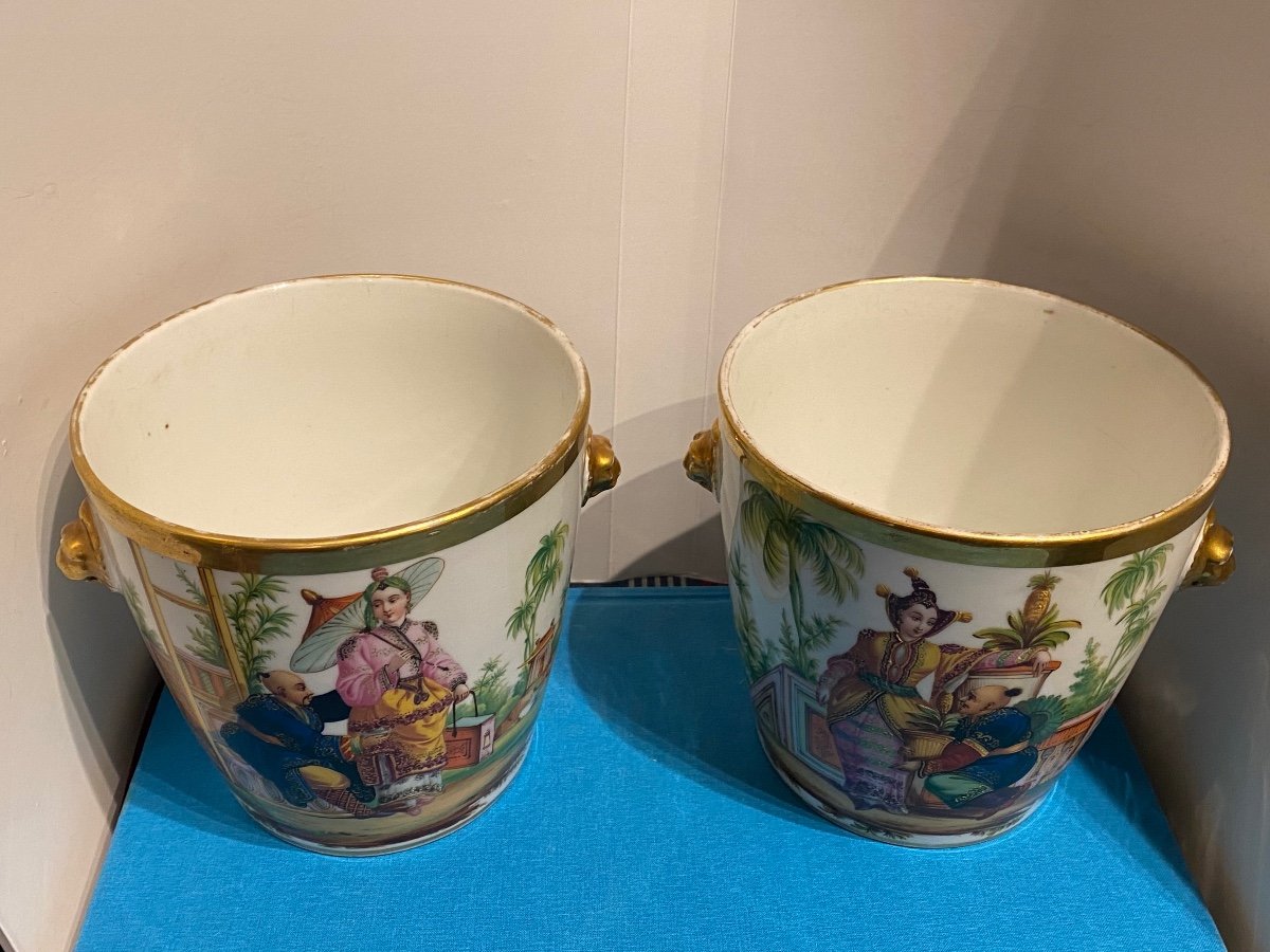 Rare Pair Of Cache Pot Signed In Porcelain Chinese Decor XIXth Charles X Period.-photo-3