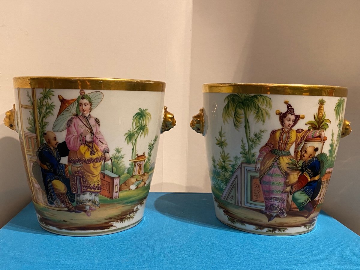 Rare Pair Of Cache Pot Signed In Porcelain Chinese Decor XIXth Charles X Period.