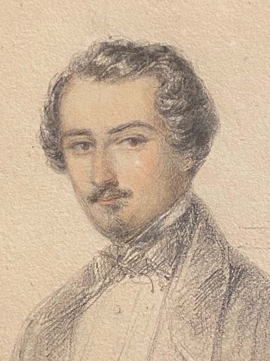 Dessin Portrait D’homme Encadré XIXeme époque Louis Phillipe.-photo-2