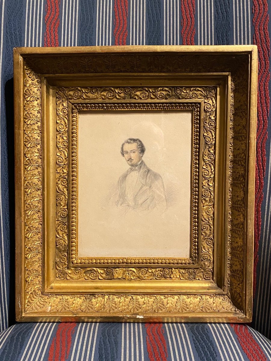 Dessin Portrait D’homme Encadré XIXeme époque Louis Phillipe.