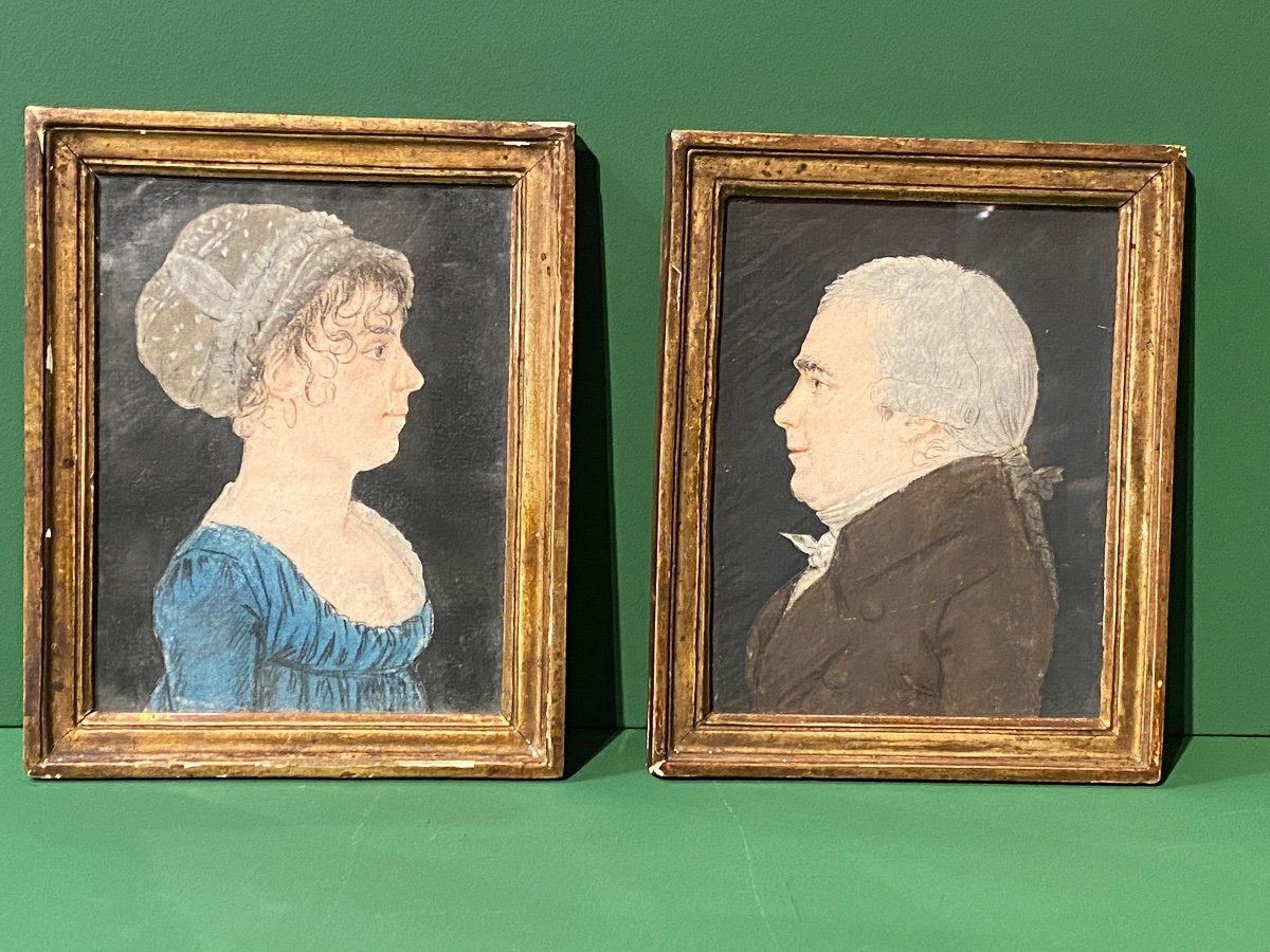 Pair Of Portraits In Physionotrace Gouache Early XIXth.