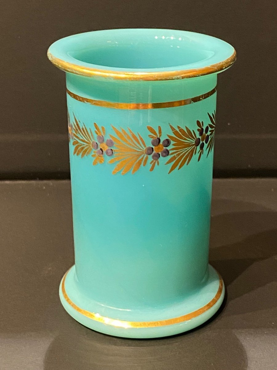 Rare Vase En Opaline Bleu Turquoise Forme Rouleau Décor  Desvignes XIXeme  époque Charles X.-photo-2