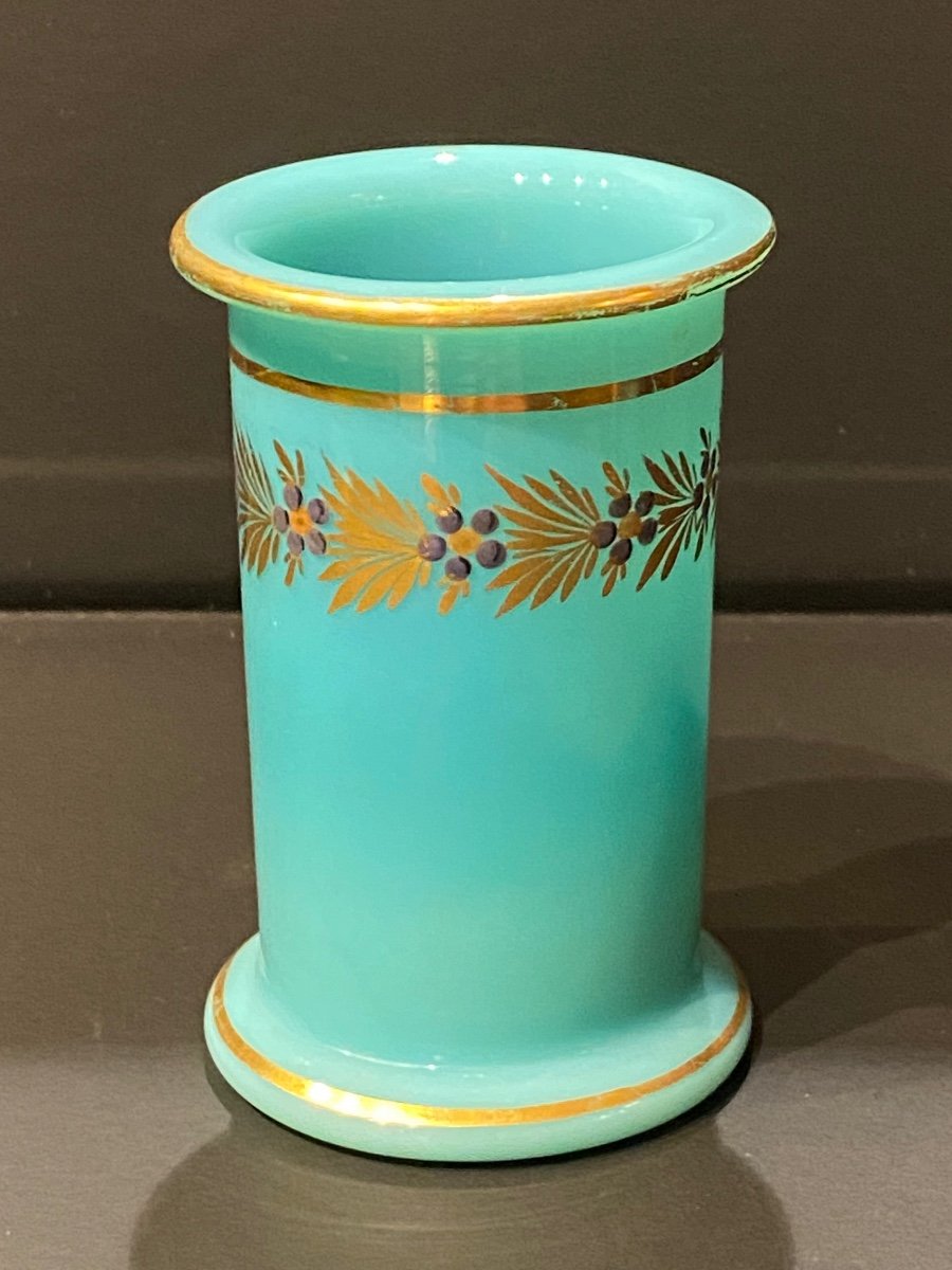 Rare Vase En Opaline Bleu Turquoise Forme Rouleau Décor  Desvignes XIXeme  époque Charles X.-photo-4